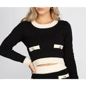 MABLE M Black Cream Cropped Knit Sweater Gold Buttons Coquette Parisian Preppy